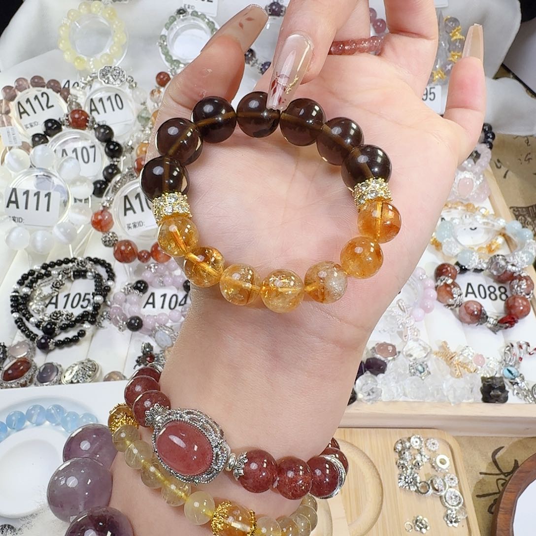 烟晶手链银S925镶嵌黄金乌龙茶，