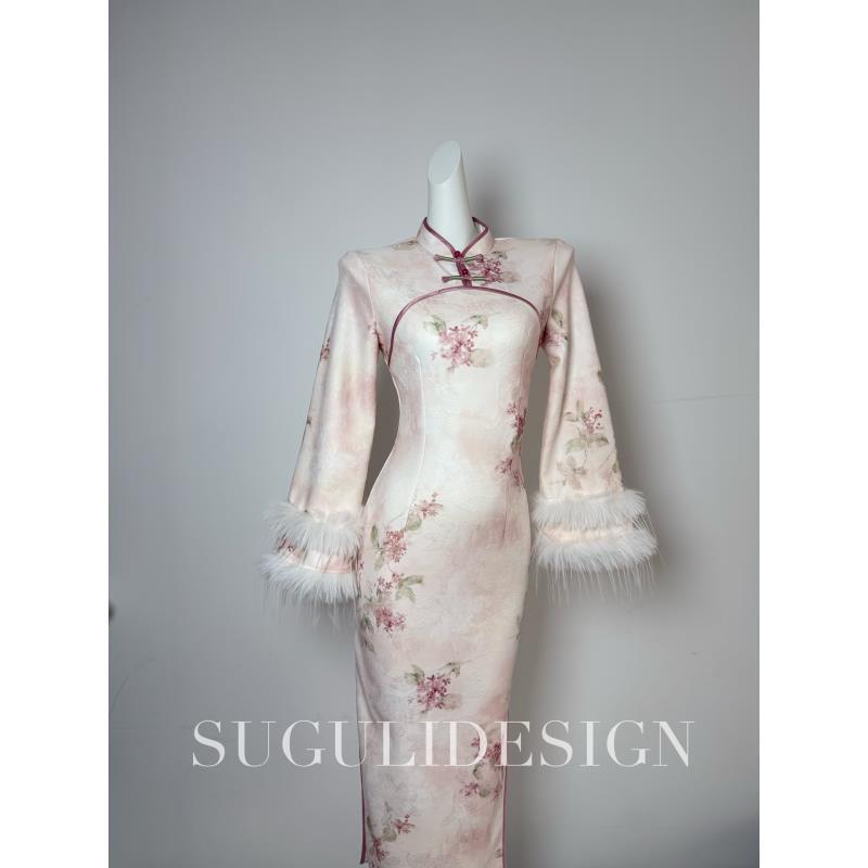 苏故里【织画】冬季新款修身显瘦改良版气质女人味显瘦显身材粉色