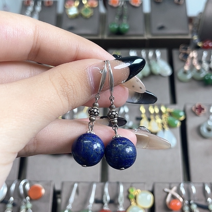 青金石银S925镶嵌耳饰12左右