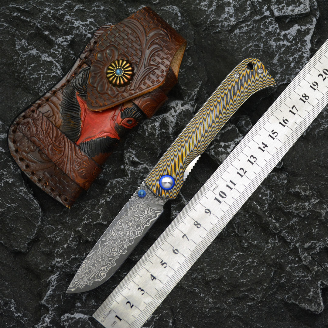 大马士革钢夹钢VG10钢芯鱼骨纹G10柄户外锋利防身EDC口袋折叠刀