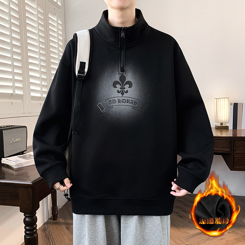 冬季新款青少年半拉链加绒加厚卫衣韩版时尚背面印花装饰男生卫衣