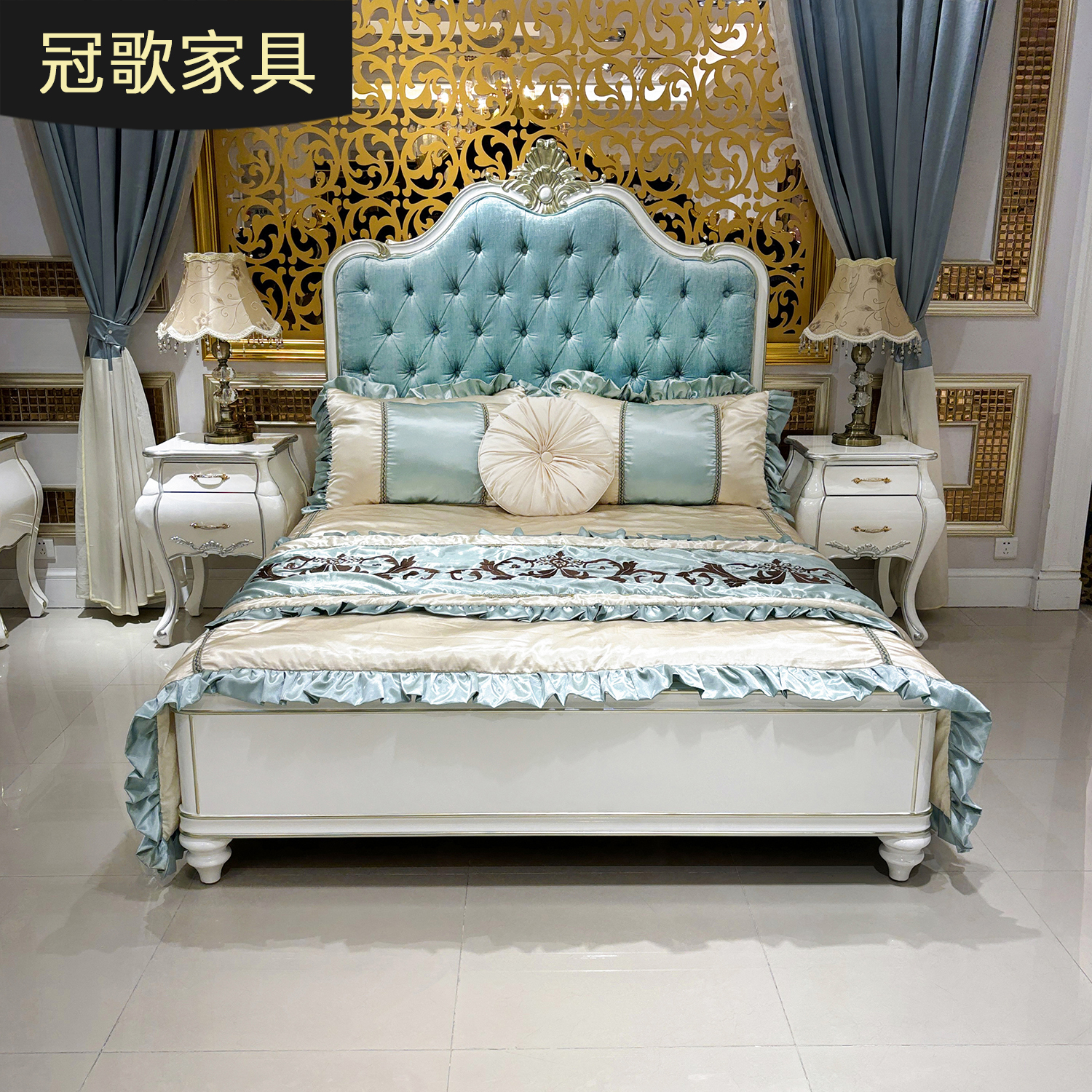 法式布艺床组 欧式新古典双人公主床卧室1.8米婚床实木雕花大床
