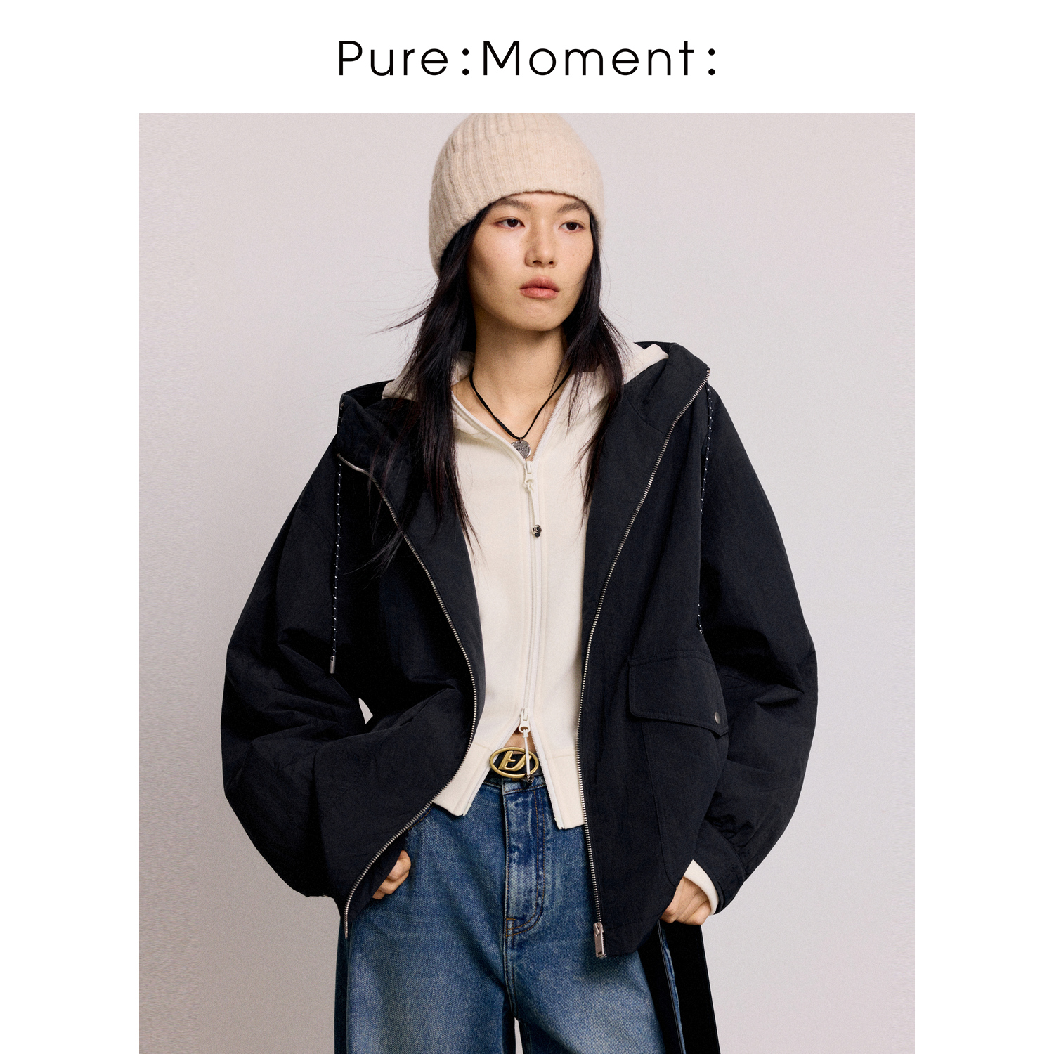 小麦檬Pure:Moment:冬黑色连帽抽绳简约工装风短款棉服4GA182561