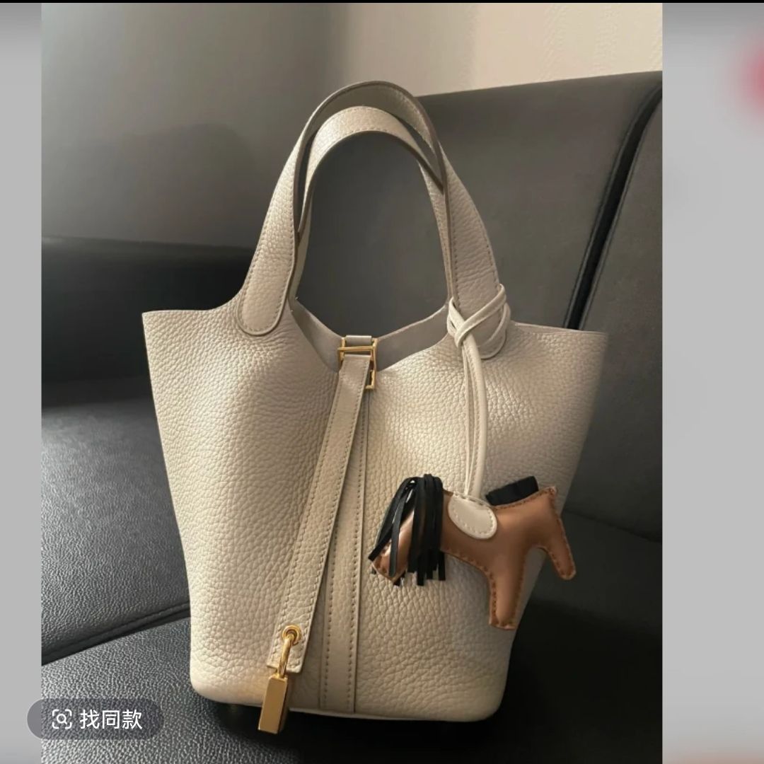 99新 Hermes/爱马仕 小花姑姑 22 菜篮子 冰川白 TC皮 B刻