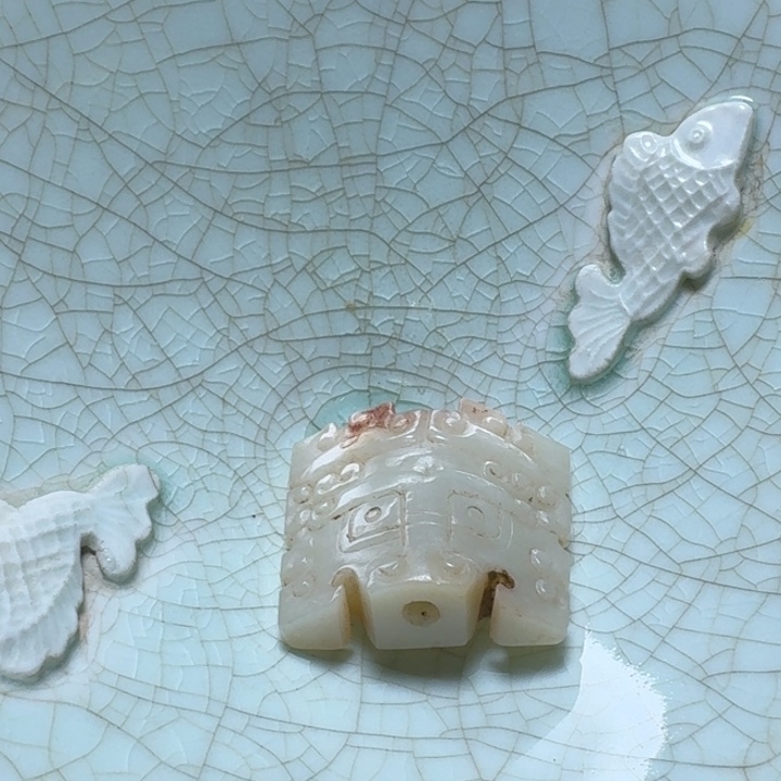 石***布瓷片双鱼青瓷开片大碗
