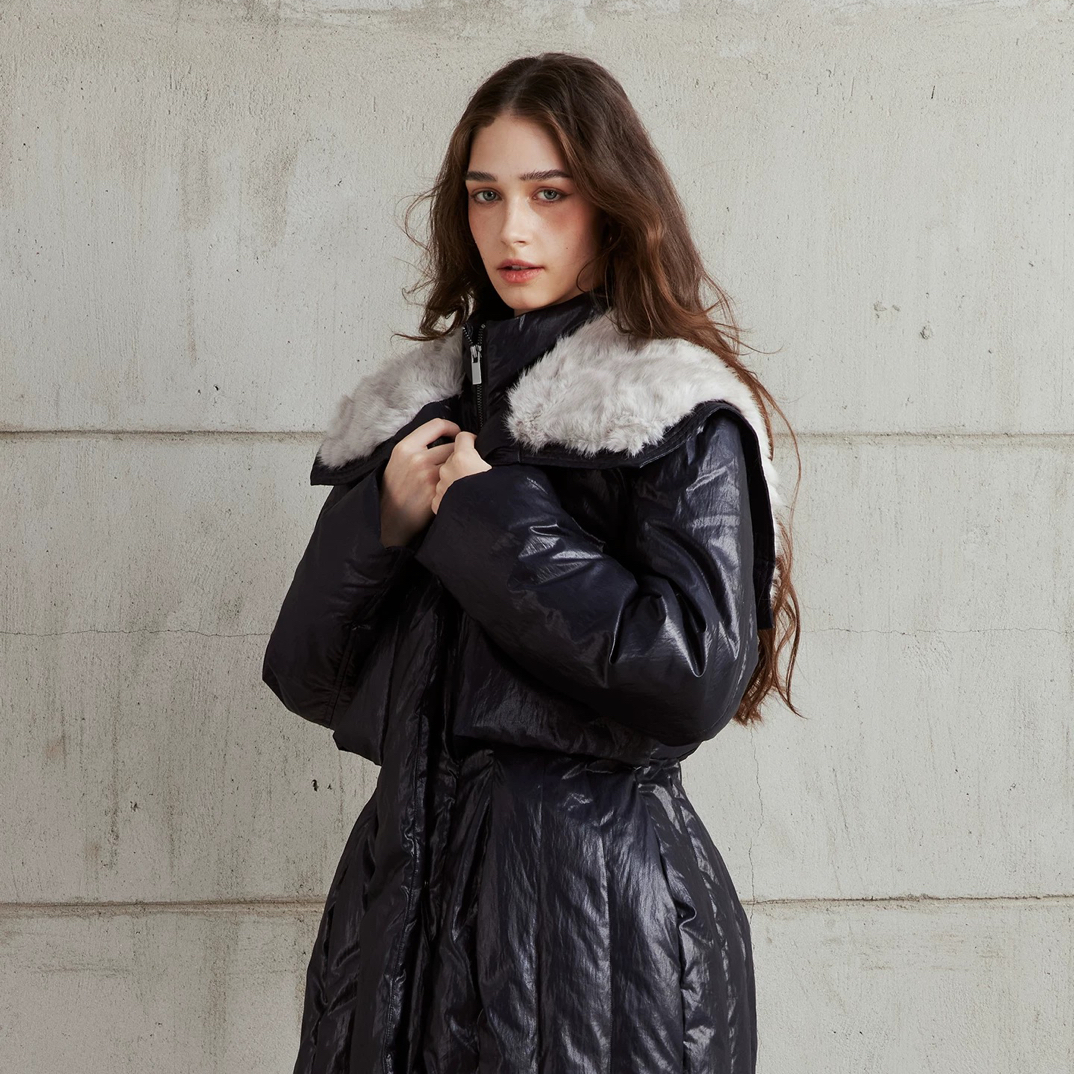 SHETELLS2025冬季新款隐奢都会结构鹅绒外套女加厚保暖毛领羽绒服
