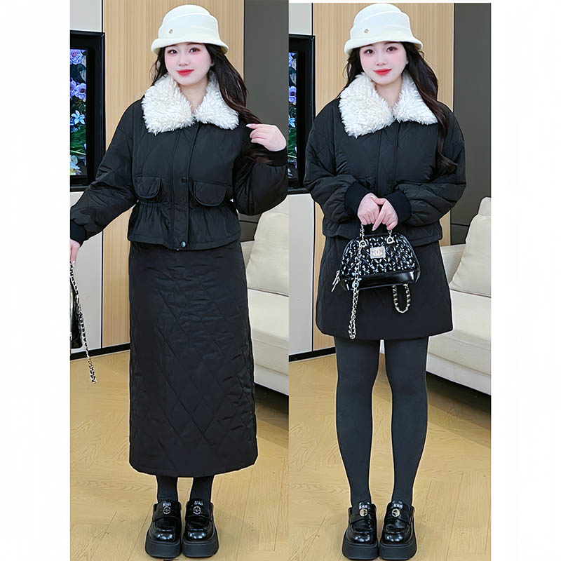 贝贝微胖定制【W25A0836】毛领菱格收腰棉服外套+半裙套装