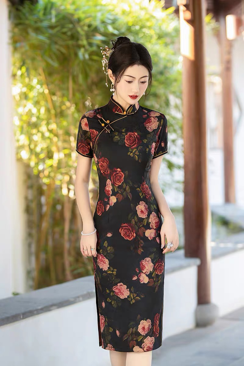 【660】108cm牡丹庄园气质中长款旗袍