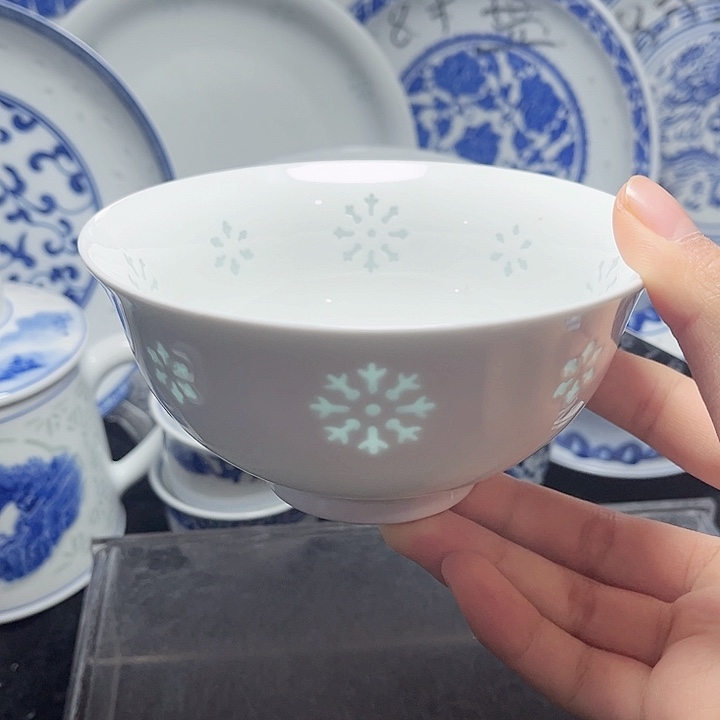 碗素玲珑雕塑雪花五寸饭碗