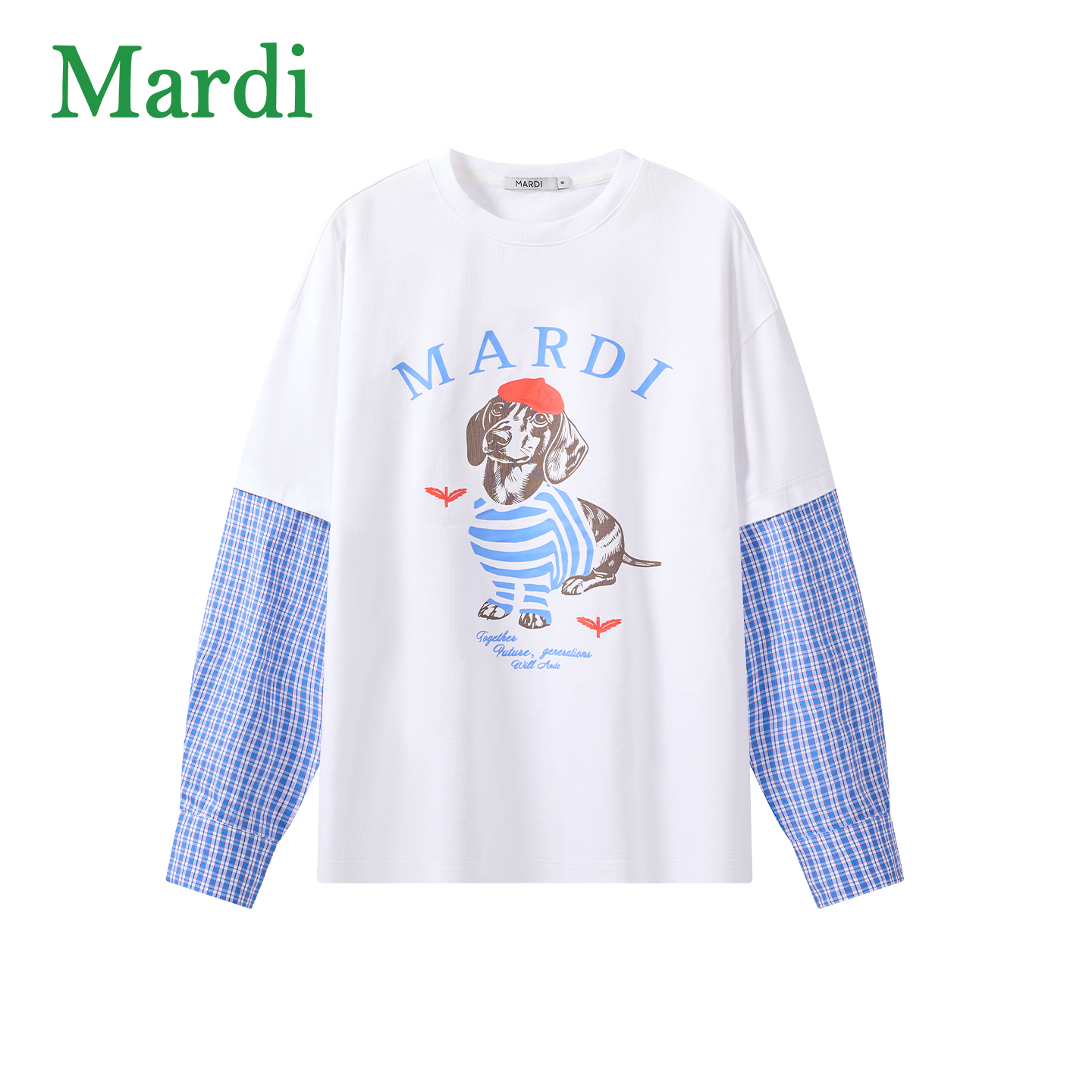 Mardi腊肠狗印花拼接格纹长袖T恤圆领休闲T恤MTX2612201