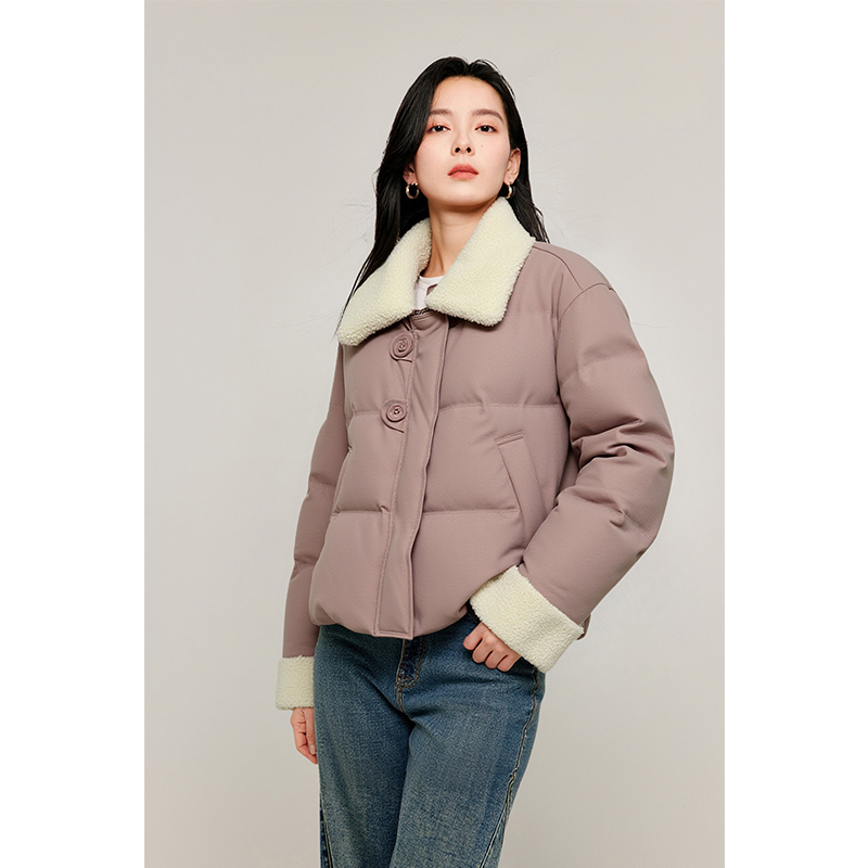【流光风穿搭】茵曼25冬季90鸭绒毛织翻领羽绒服百搭保暖短外套
