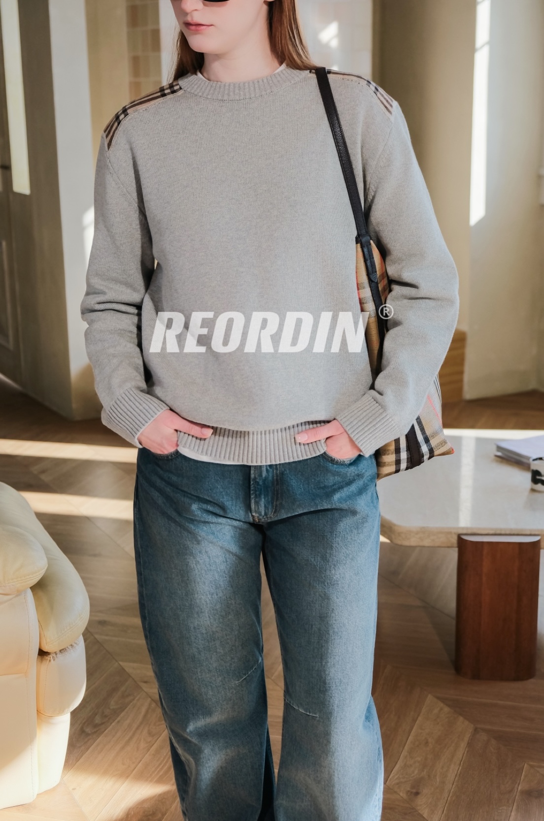 【REORDIN】格纹拼接纯棉进口棉纱针织毛衣男款宽松