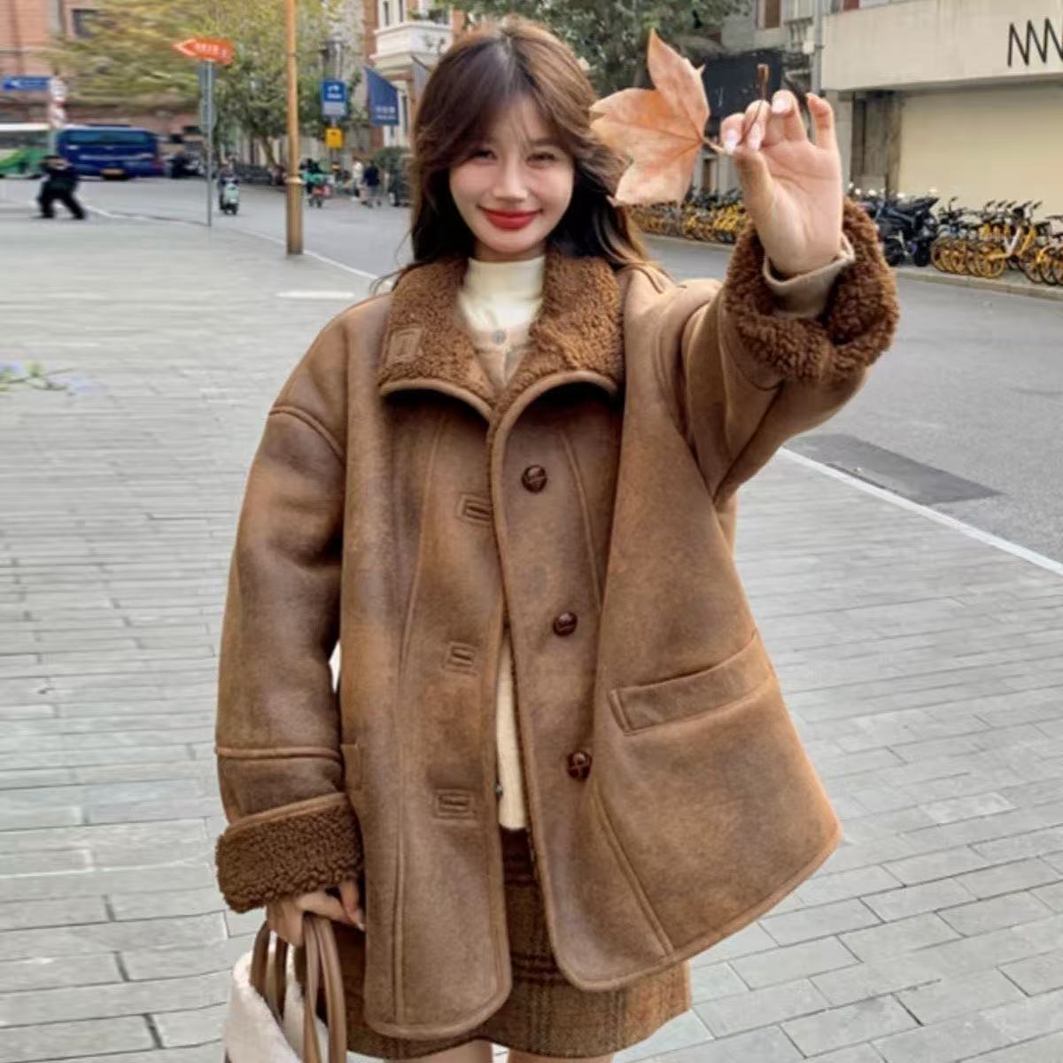 D25 122916 新款美拉德机车服女款保暖韩版加厚中长款外套女装