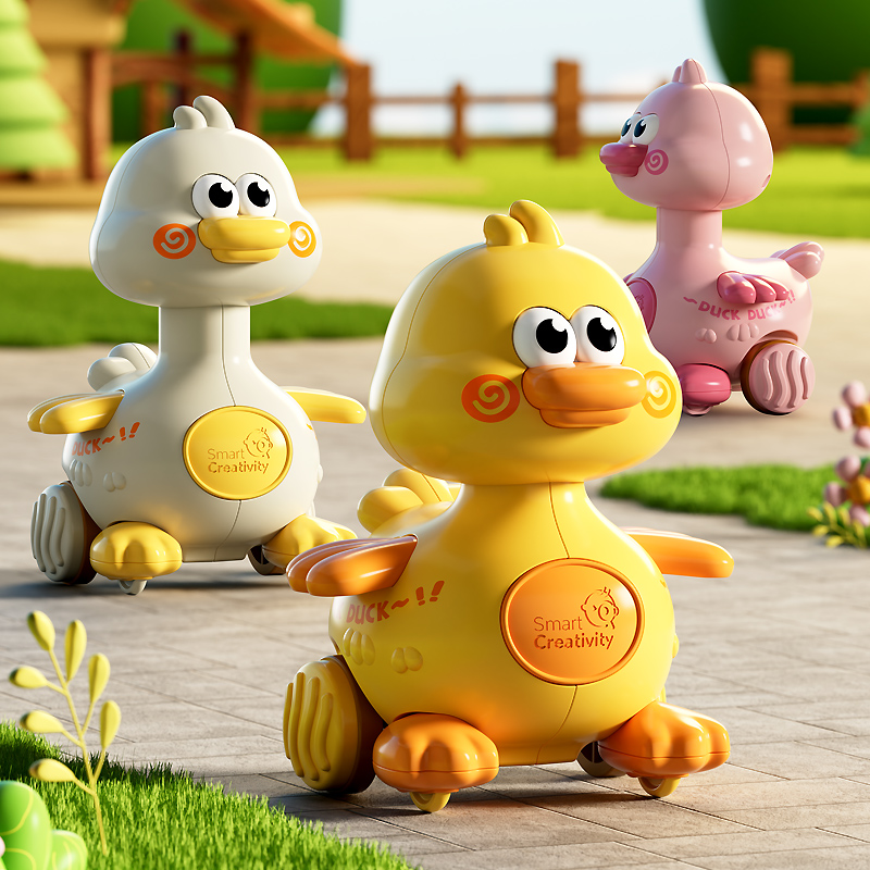 按压口哨卡通小鸭子儿童卡通玩具头部可旋转耐摔卡通动物
