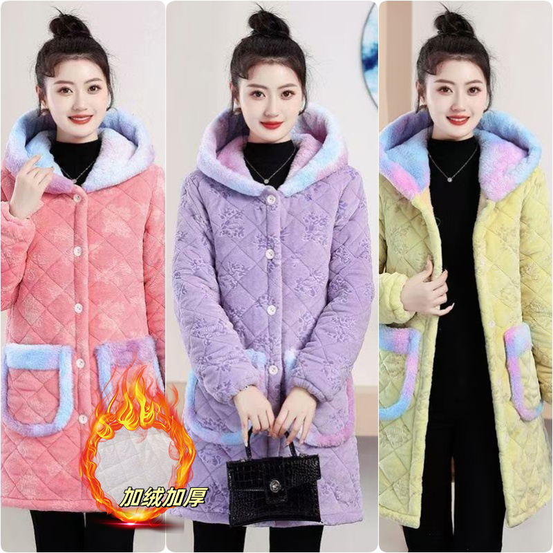 新款冬季加绒加厚女士中长款棉衣保暖减龄家居服