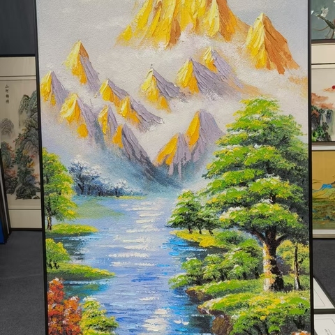 866客厅玄关装饰画金山绿树蓝湖艺术油画80160