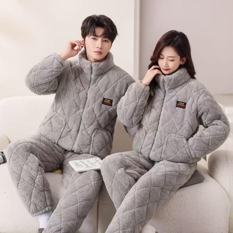 情侣款冬季男女新款三层加绒加厚夹棉雪花绒套装家居服加大码外穿