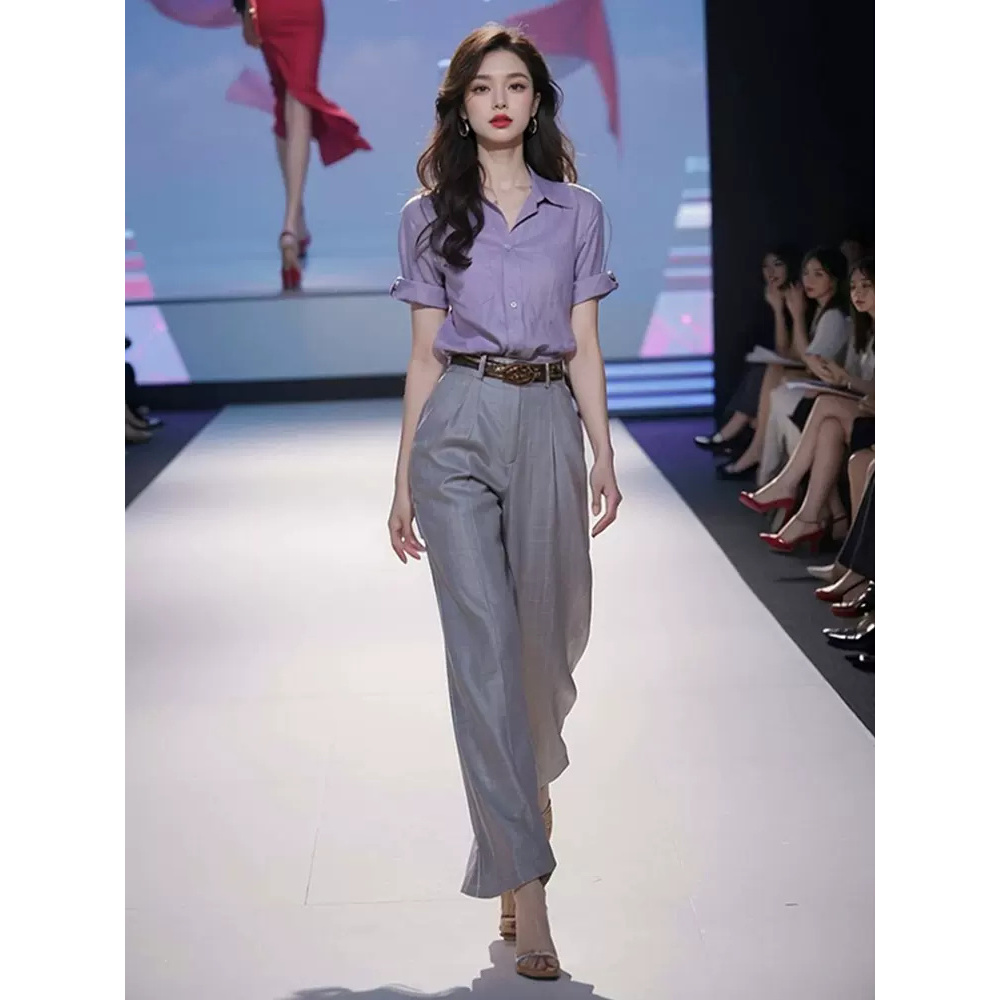 2025夏季减龄穿搭一整套欧货时尚漂亮小个子紫色衬衫休闲裤套装女