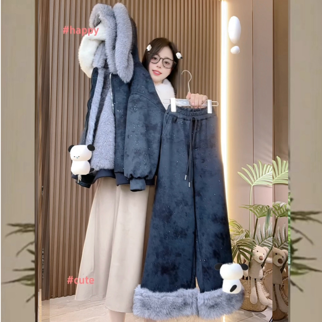 【设计定制款版 母女装】 星空洒银  加厚毛毛 兔子耳朵休闲套装