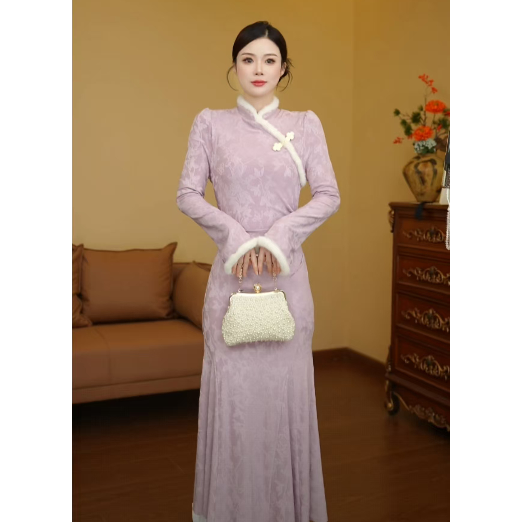 【利姐专属】【加绒加厚】紫色新中式旗袍女冬装元旦圣诞连衣裙D4302