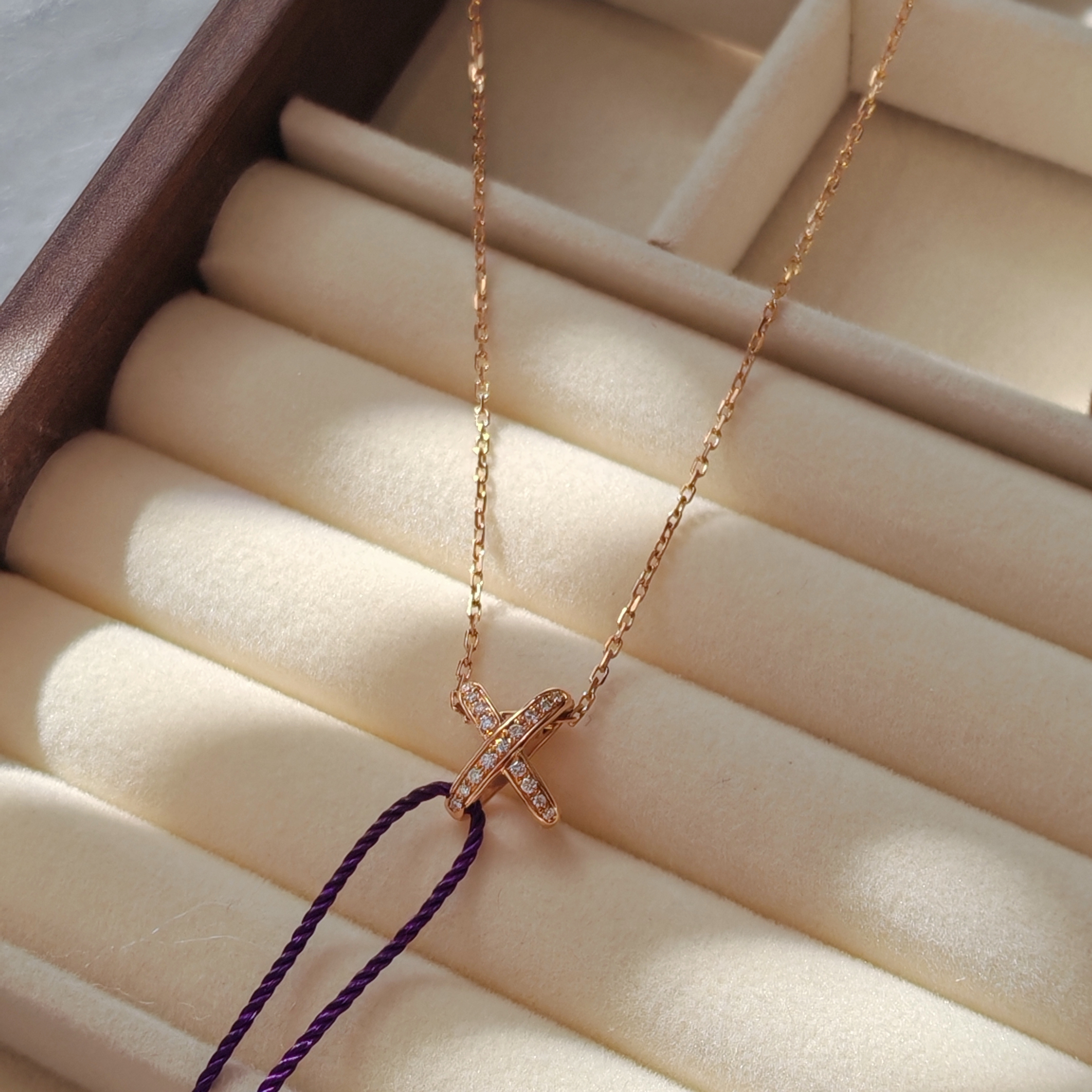 99新 Chaumet/尚美 交叉钻石项链/18k玫瑰金/42cm/20年盒证 dx
