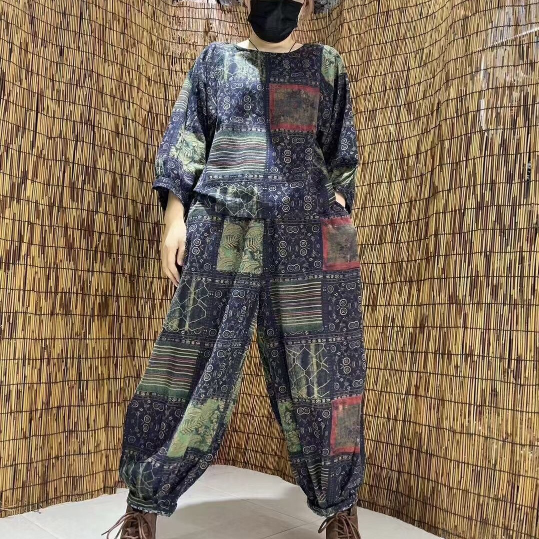 【铃铃】早春新款炒色文艺减龄棉麻蓝花格布套装上衣120斤裤子160斤