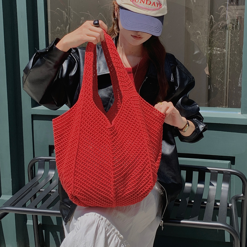 新款红色ns复古手工单肩包女旅游度假钩针编织手提大容量托特包