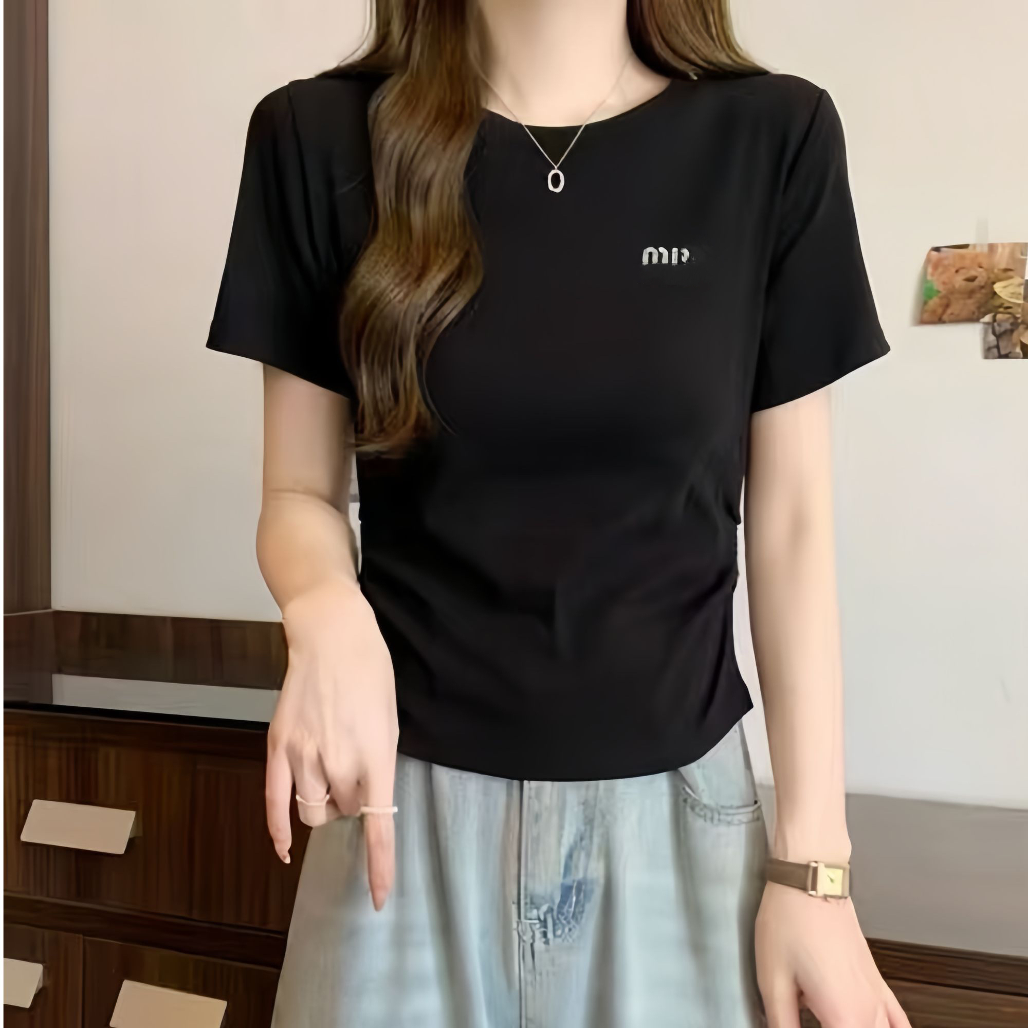 【熙小范】喵家短款烫钻字母抗皱圆领短袖T恤抗起球刺绣抽褶螺纹310