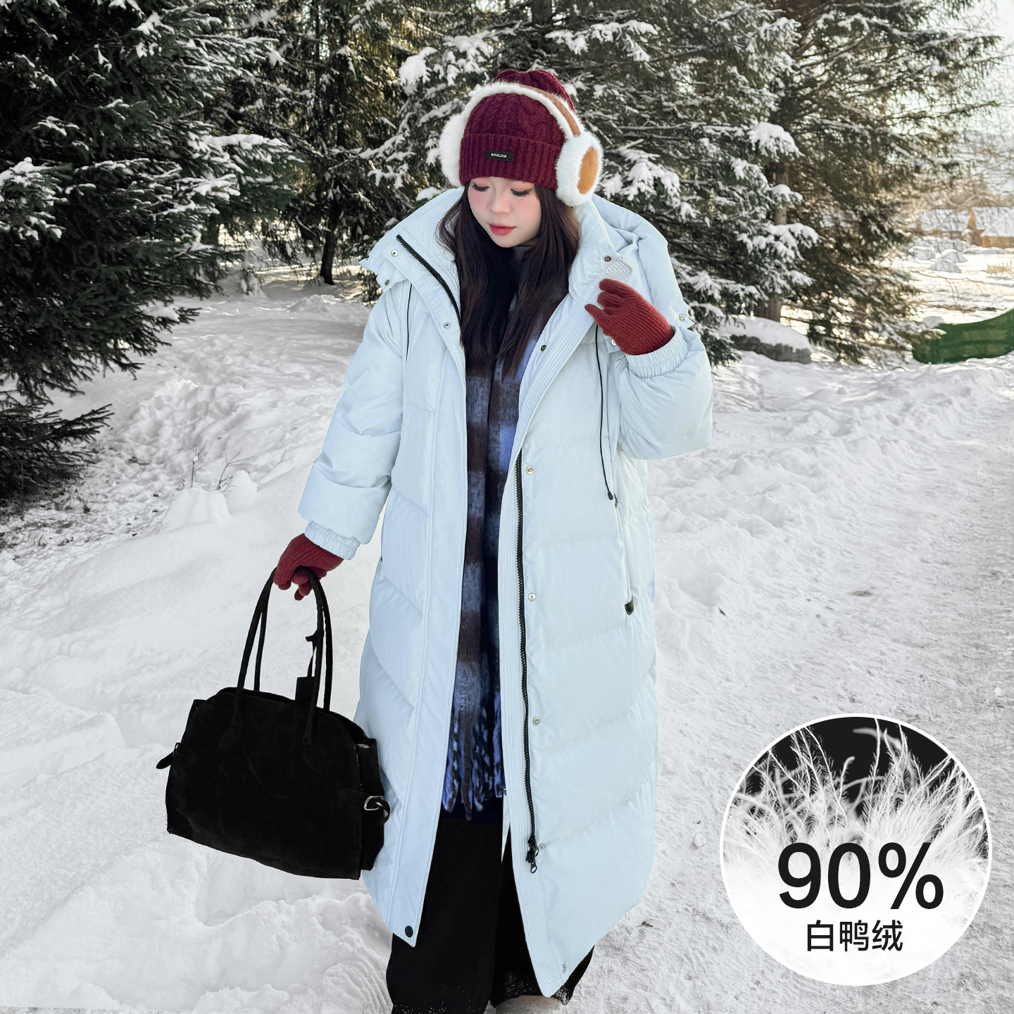 DD8918大码女装【北岛雪山】冬季连帽宽松保暖长款大被子羽绒服外套