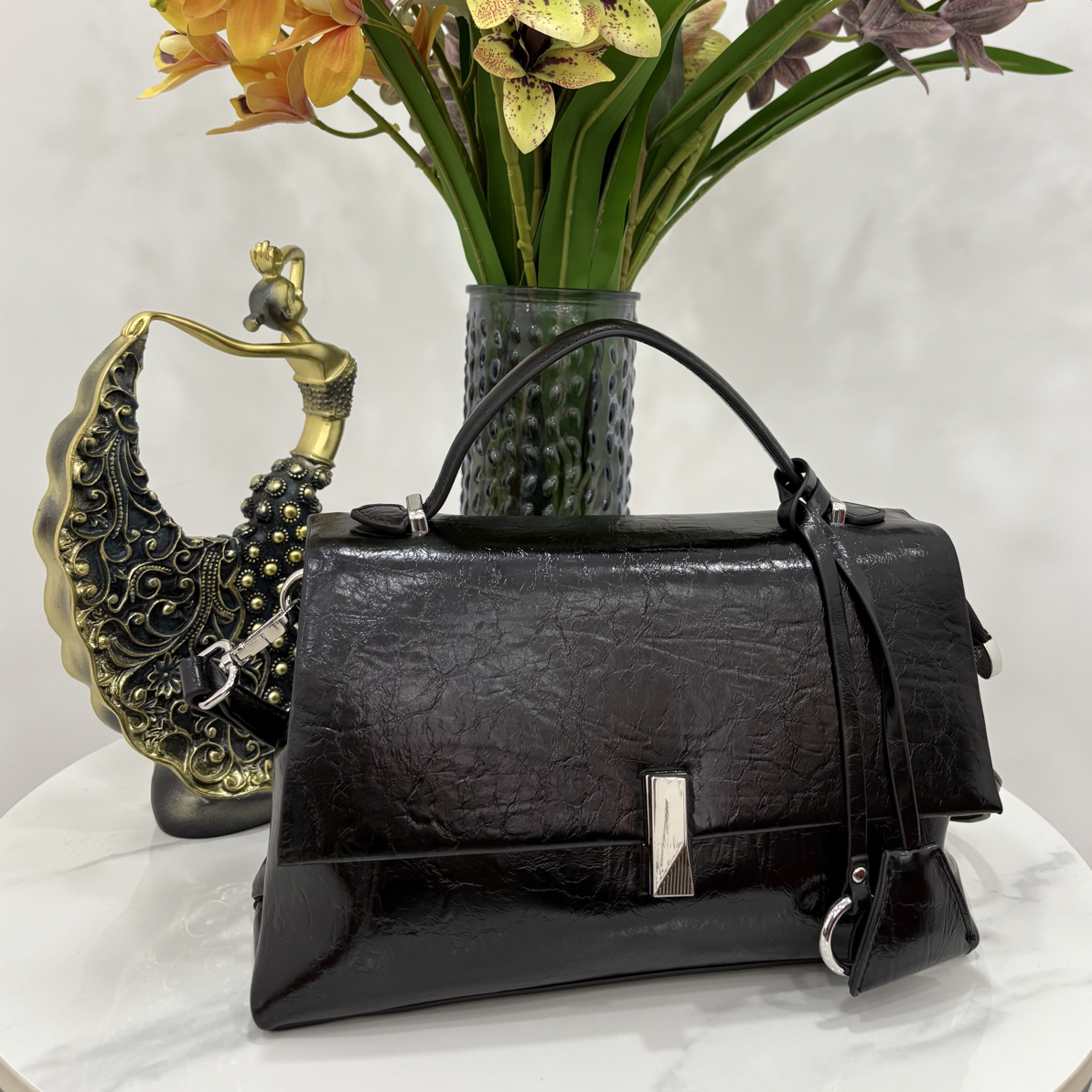 都市简约单根PU休闲风耐刮斜挎包方形单肩可折叠油蜡