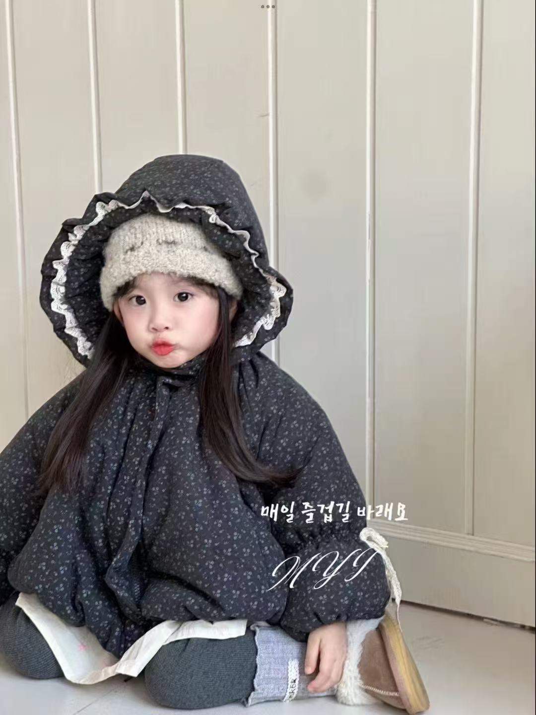 女宝韩系花苞碎花棉衣女童冬装新款洋气女童加厚加绒外套连帽棉服