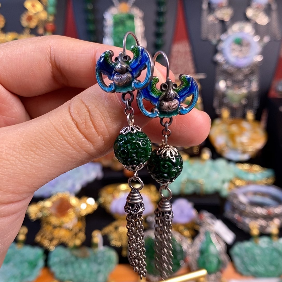 翡翠耳饰未镶嵌花青圆珠耳坠 亏清