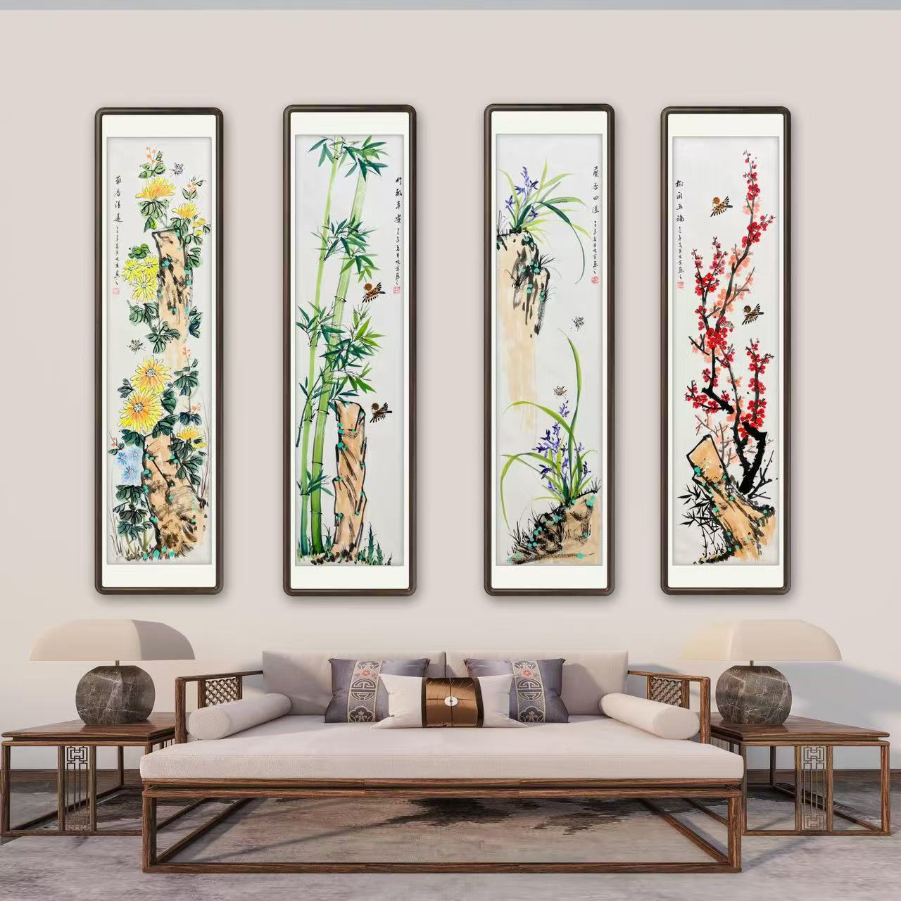 《梅兰竹菊》四条屏宣纸国画客厅餐厅轻奢写意挂画作品文玩探宝