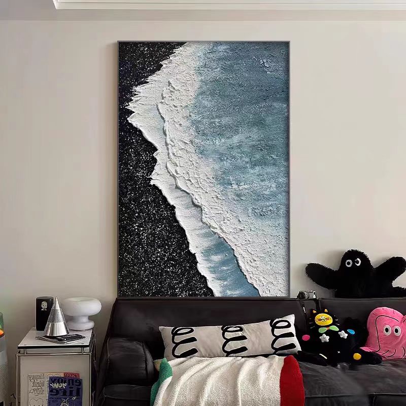 黑白浪潮玄关挂画肌理抽象手绘油画客厅背景墙玄关落地装饰画海浪
