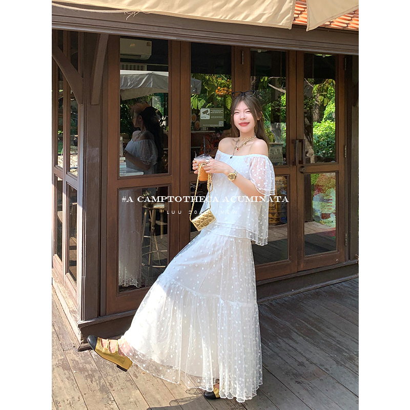 LUU桃喜儿/白色网纱蕾丝套装连衣裙女春夏植绒气质碎花设计感裙子