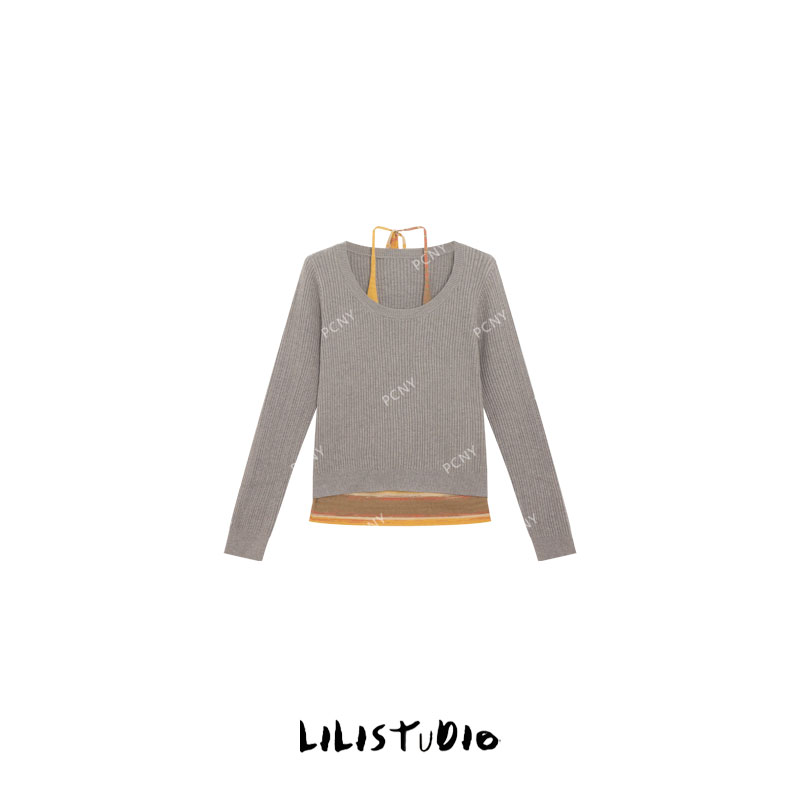 不理理“梧桐秋叶”挂脖吊带双层假两件羊毛针织衫