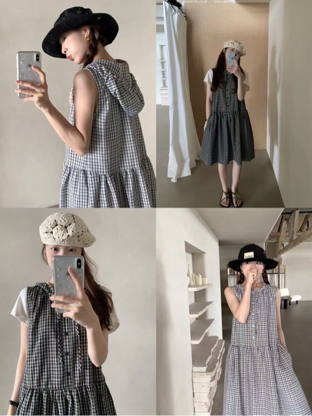 韩系复古格子连帽连衣裙
