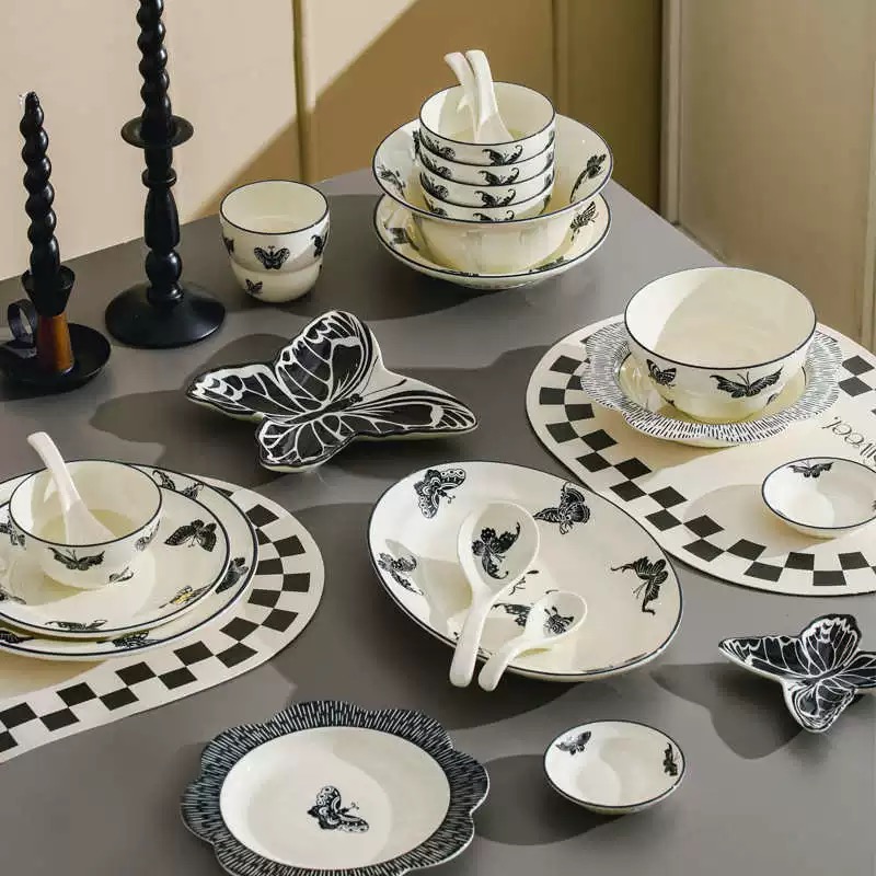 新疆包邮蝴蝶复古精致创意碗碟餐具陶瓷饭碗高颜值盘子碗碗盘家用