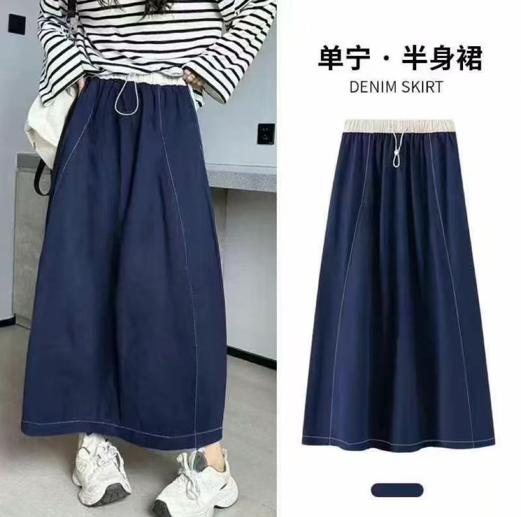 Q708丹宁蓝拼色轻薄松紧腰半身裙