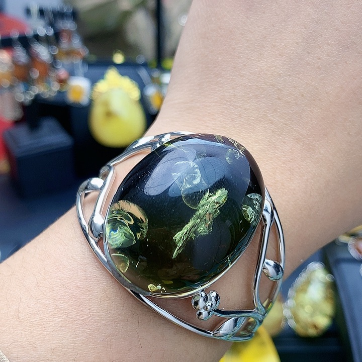 琥珀裸石银S925镶嵌手镯