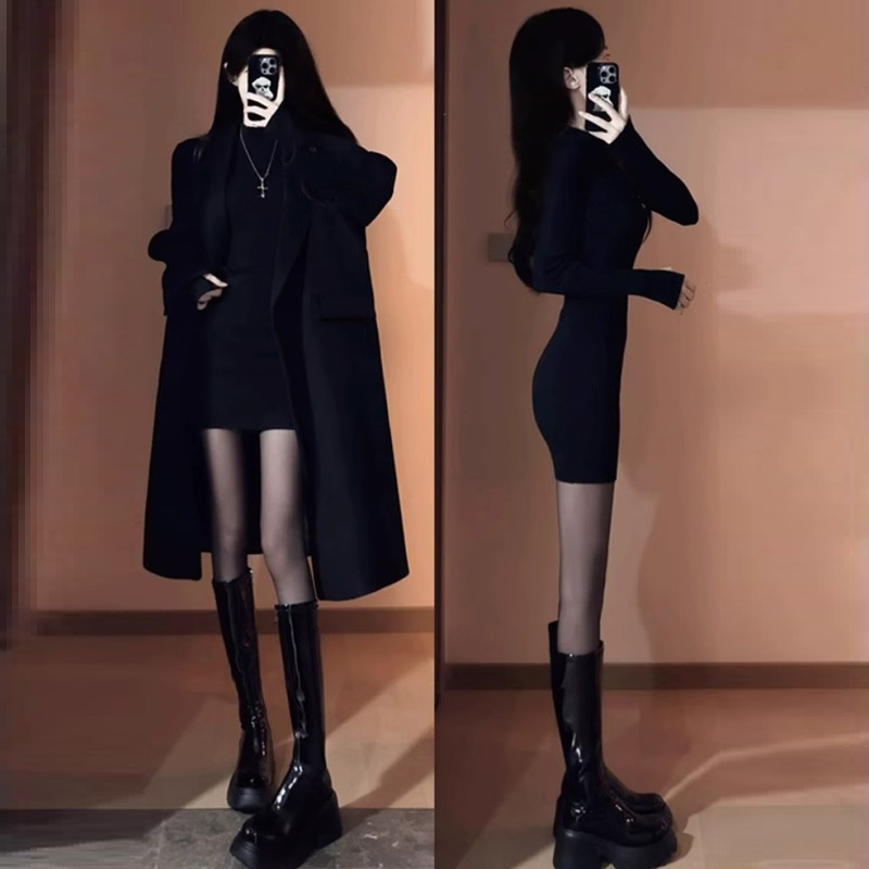 黑色包臀裙早秋大衣内搭连衣裙女御姐穿搭配整套加绒加厚裙子女