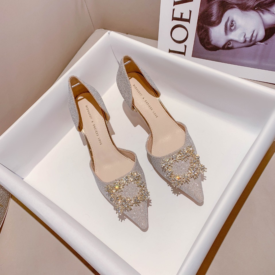 新款春秋细跟尖头浅口优雅水钻职业气质高跟鞋296-18