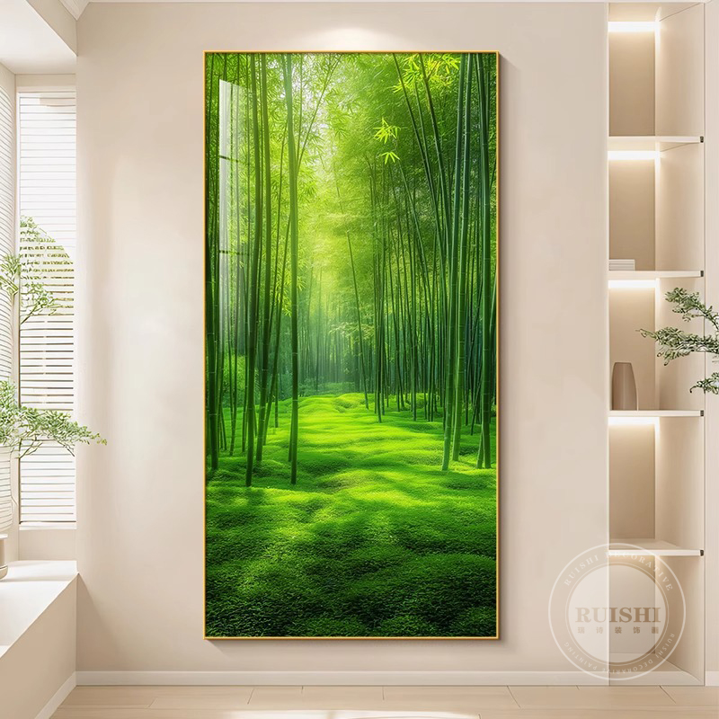 竹子挂画大气玄关竹报平安装饰画新款绿色竹林风景客厅入户门壁画