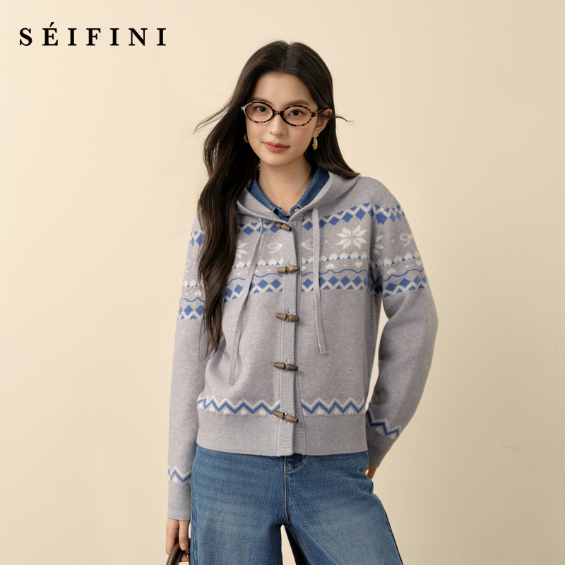 诗凡黎费尔岛连帽针织外套2025冬新款慵懒减龄撞色毛衣7GA333191