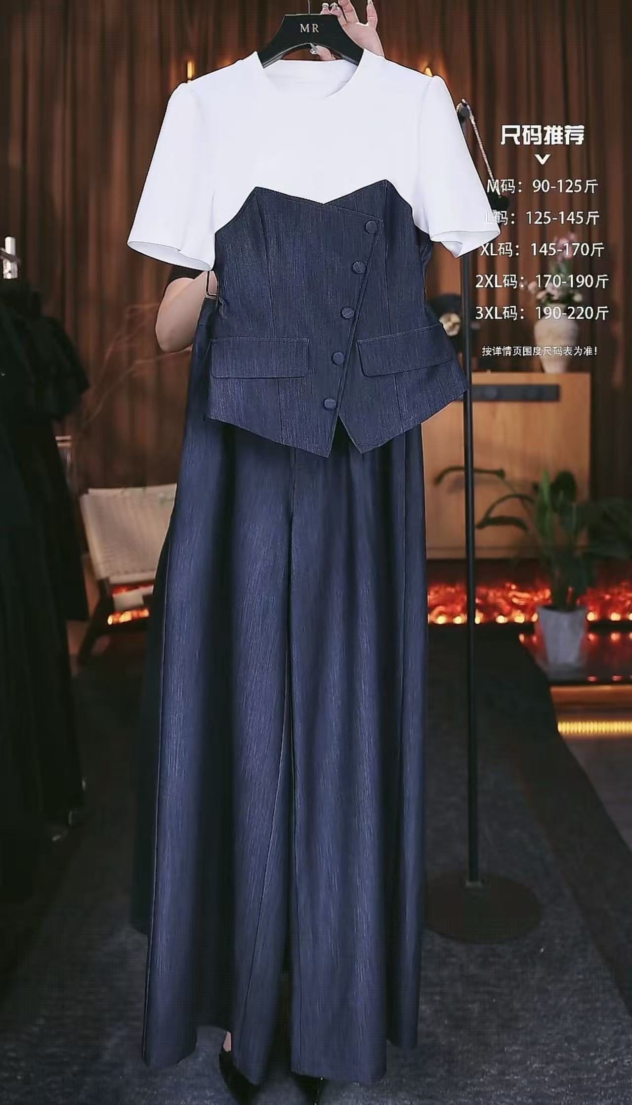 【原创大码设计师款女装】2025夏季蓝色高级拼接显瘦套装K3547