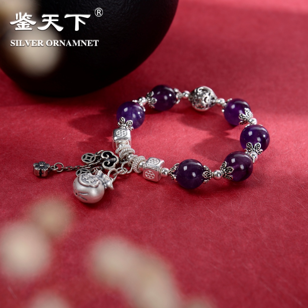 紫水晶流苏平安福袋银手链06600015