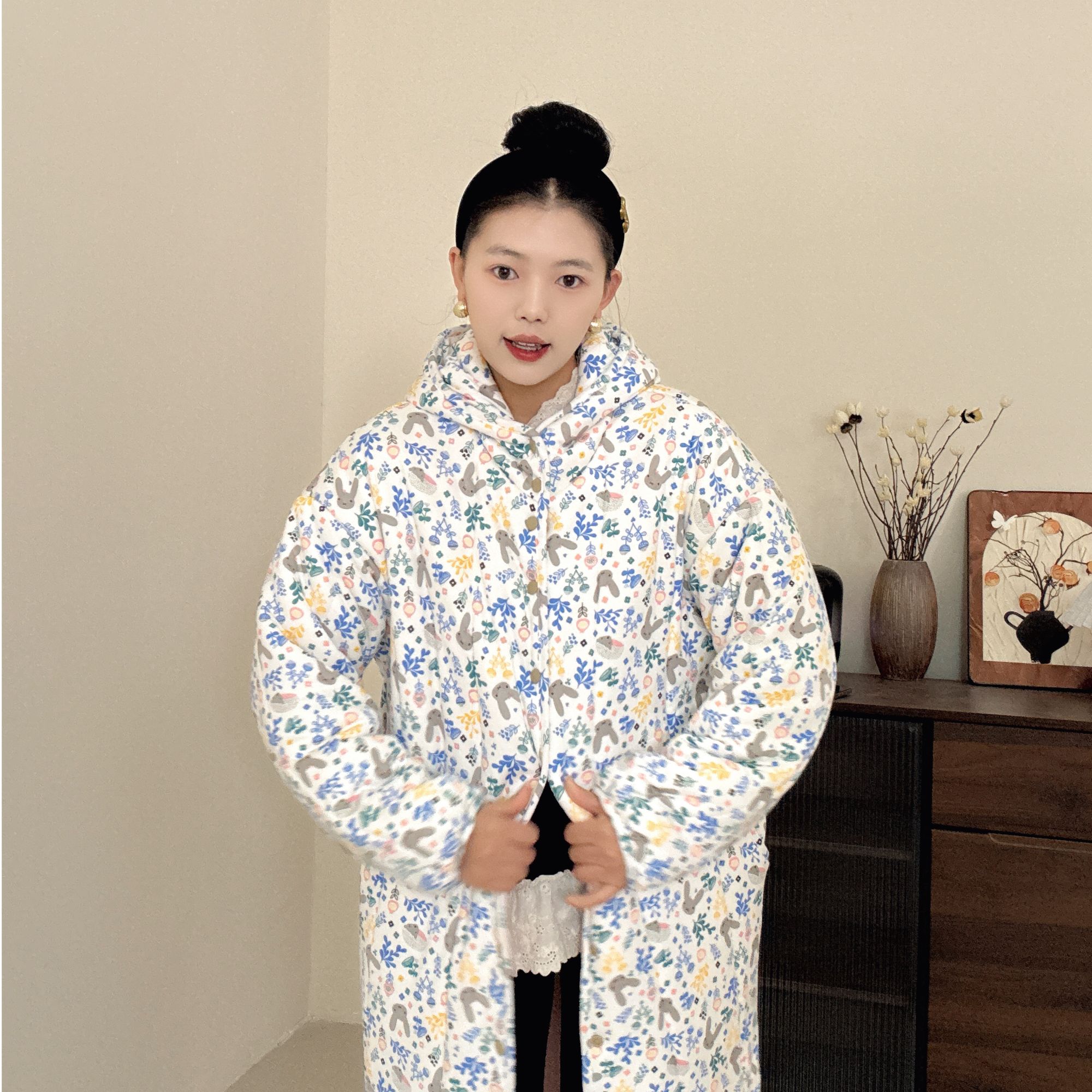 新疆棉花【兔子王国】连帽直筒长款家居服冬季加厚厚棉衣棉服女