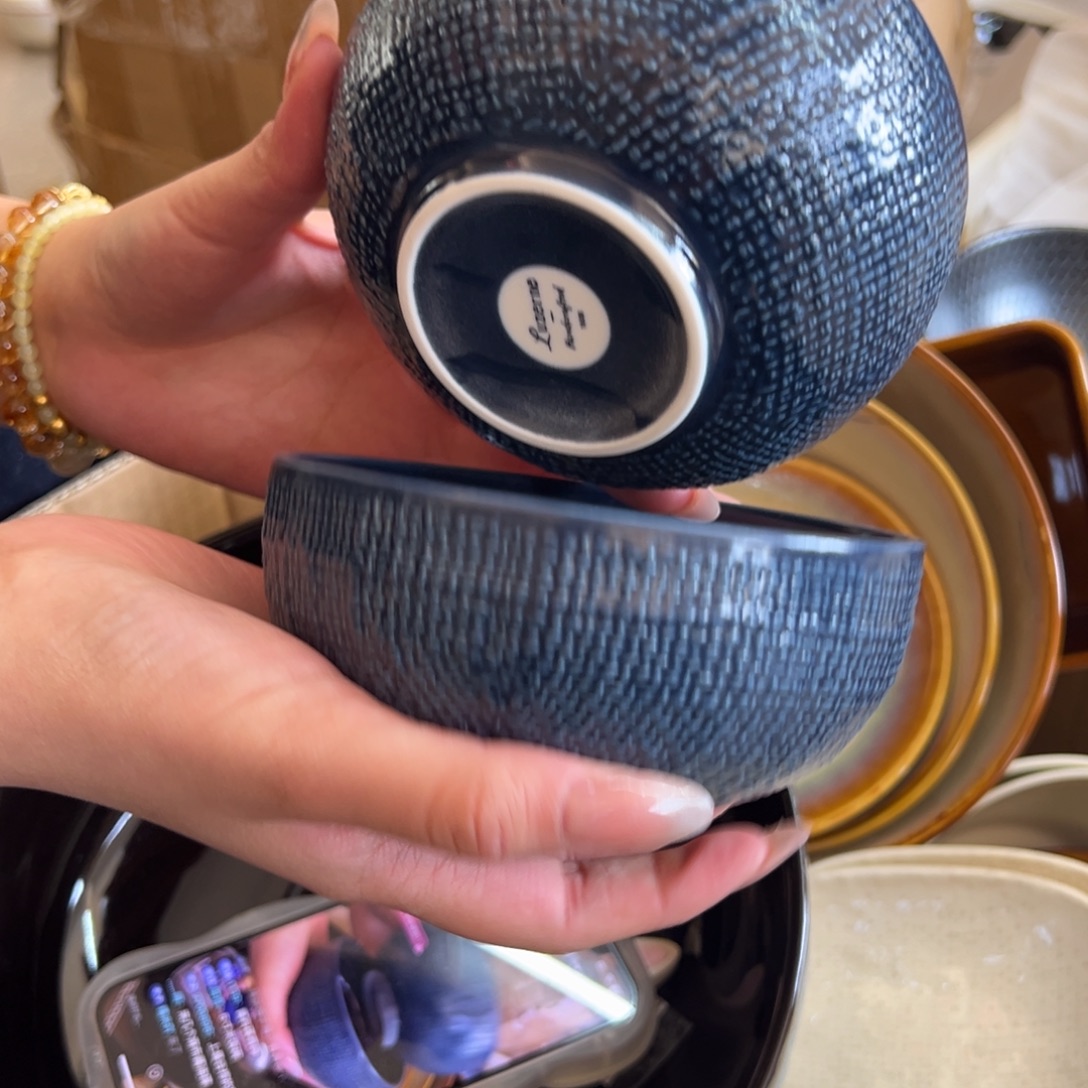 新骨瓷119瑕疵慎拍哑光蓝麻布纹 5寸米饭碗 2只装