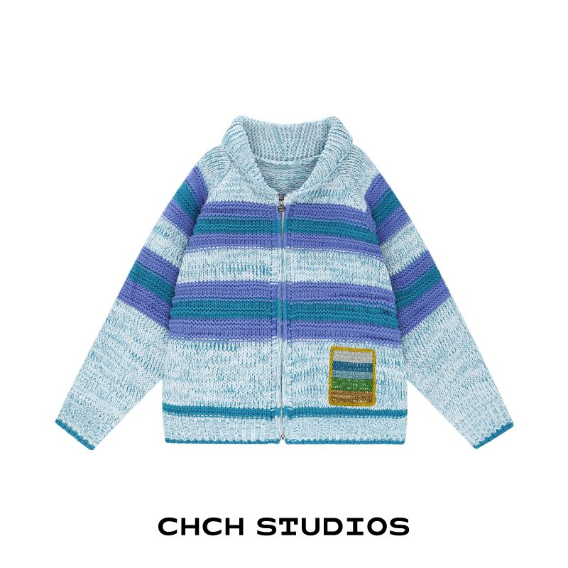 RAKS123997时尚条纹撞色翻领针织开衫女2025年冬韩版简约宽松毛衣