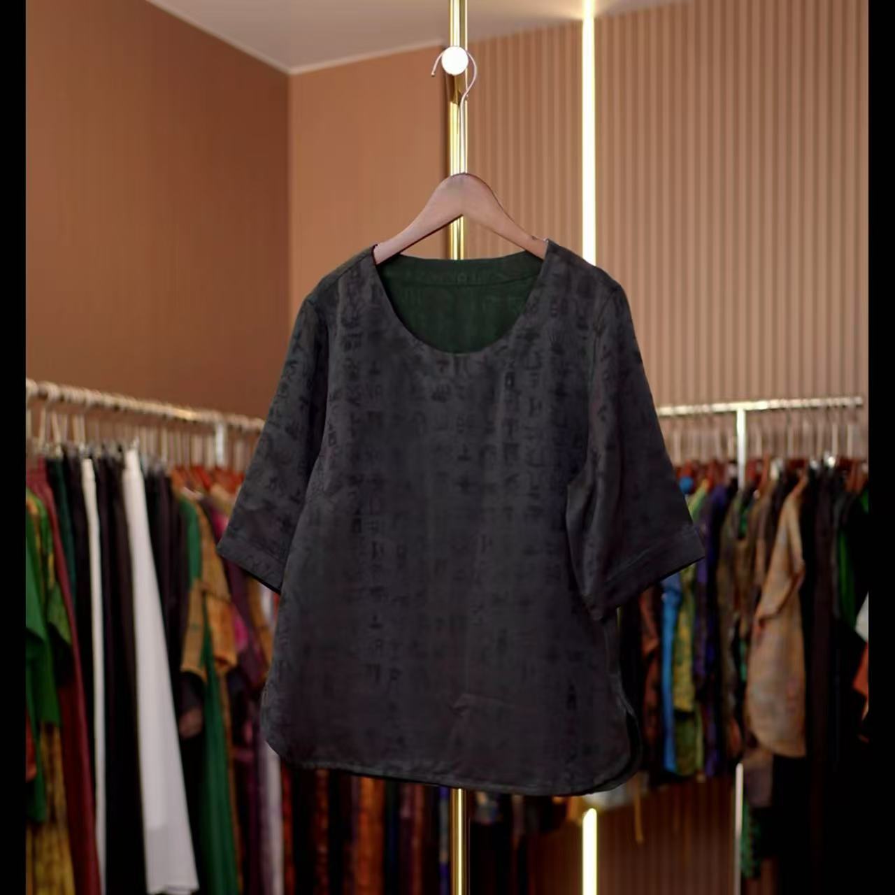 佳文-新中式国风两面穿黑绿色甲骨文休闲上衣0456